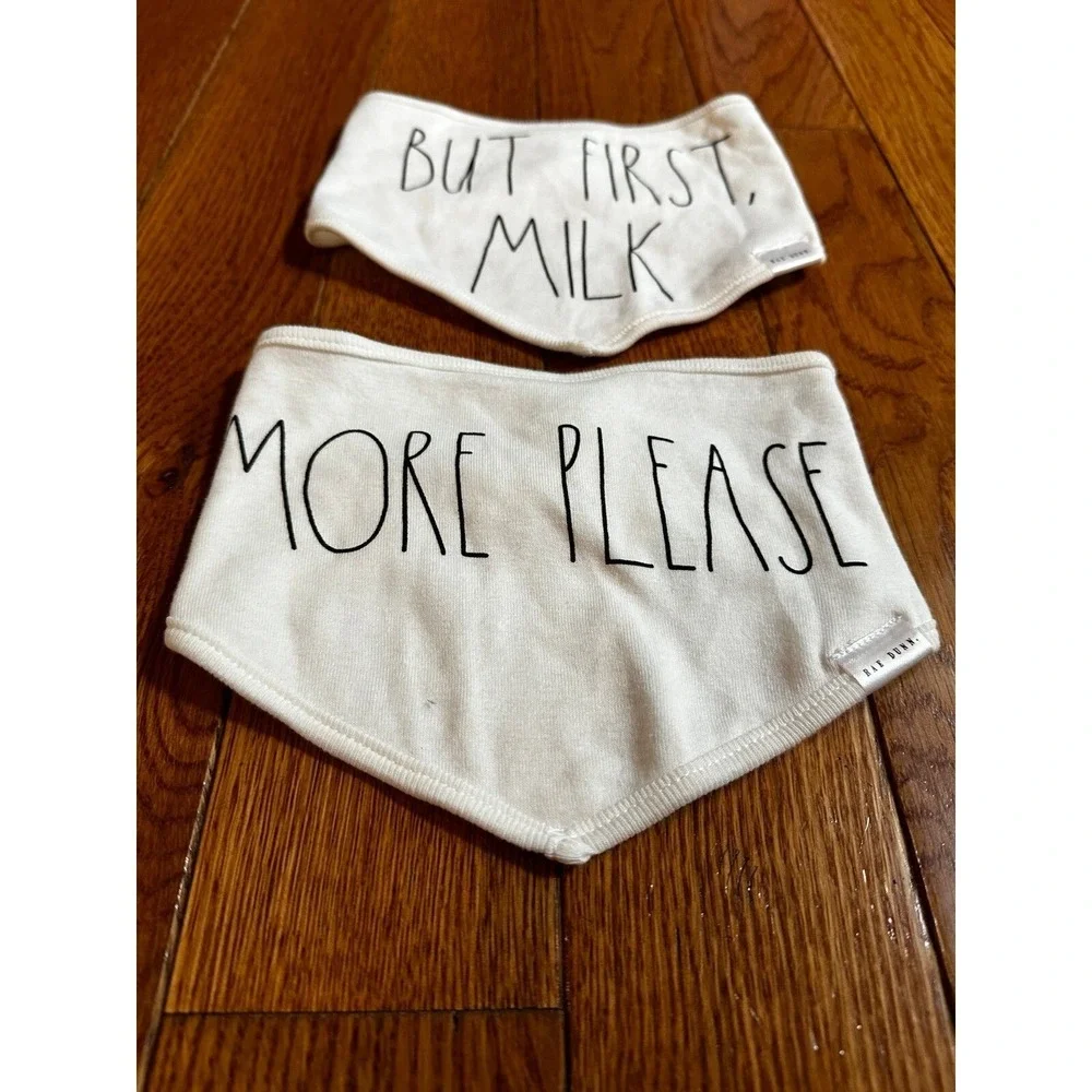 Rae Dunn Daddy Bandana Bib Set of 2  More please , But first milk  Material: 100